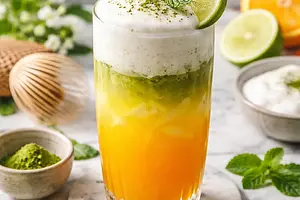 Zimowo-wiosenny koktajl pomarańczowo-matcha z pianką kokosowo-limonkową (fusion)