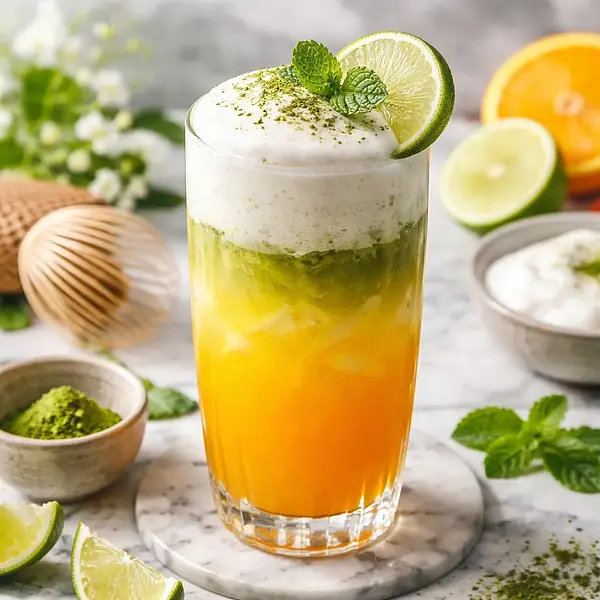Zimowo-wiosenny koktajl pomarańczowo-matcha z pianką kokosowo-limonkową (fusion)