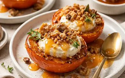 Seasonal dessert: Baked persimmons with ricotta-honey cream, crunchy crumble, and orange sauce (variant 1218c592)