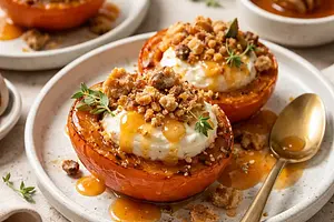 Seasonal dessert: Baked persimmons with ricotta-honey cream, crunchy crumble, and orange sauce (variant 1218c592)