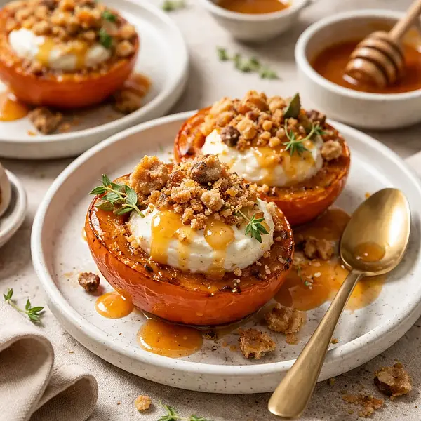 Sezonowy deser: Pieczone kaki z kremem ricotta-miodowym, chrupiącą kruszonką i sosem pomarańczowym (wariant 1218c592)