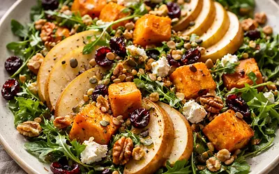 Traditional Winter Salad with Roasted Pumpkin, Pear, and Toasted Nuts