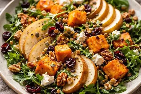 Tradycyjna zimowa sałatka z pieczoną dynią, gruszką i prażonymi orzechami