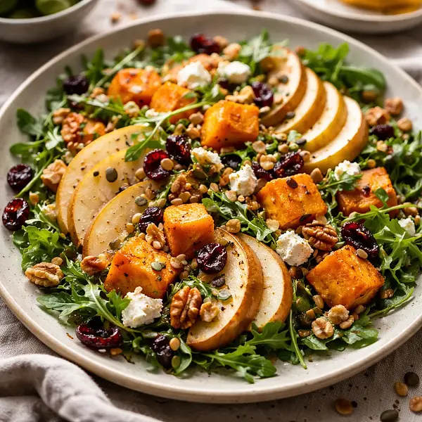 Tradycyjna zimowa sałatka z pieczoną dynią, gruszką i prażonymi orzechami