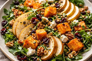 Tradycyjna zimowa sałatka z pieczoną dynią, gruszką i prażonymi orzechami