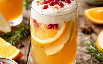 Winter drink: Pear-citrus punch with aquafaba foam, pomegranate, and rosemary