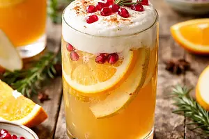 Winter drink: Pear-citrus punch with aquafaba foam, pomegranate, and rosemary