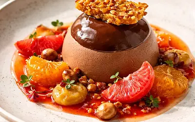 Modern seasonal dessert — Chocolate-chestnut mousse with persimmon, praline, and blood orange sauce