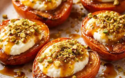 Baked persimmons with ricotta and white chocolate cream, miso-caramel sauce, and pistachio crumble (variant 6bc1eb29)