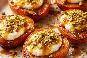 Baked persimmons with ricotta and white chocolate cream, miso-caramel sauce, and pistachio crumble (variant 6bc1eb29)