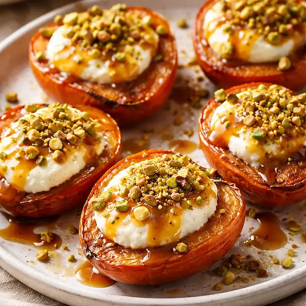 Pieczone kaki z kremem z ricotty i białej czekolady, sosem miso-karmelowym i kruszonką pistacjową (wariant 6bc1eb29)