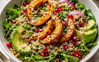 Fusion Salad: Roasted Hokkaido Pumpkin with Quinoa, Pomegranate, and Miso-Citrus Dressing