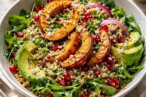 Fusion Salad: Roasted Hokkaido Pumpkin with Quinoa, Pomegranate, and Miso-Citrus Dressing