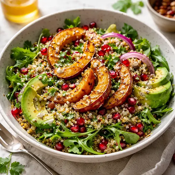 Sałatka fusion: pieczona dynia hokkaido z komosą, granatem i sosem miso-cytrusowym