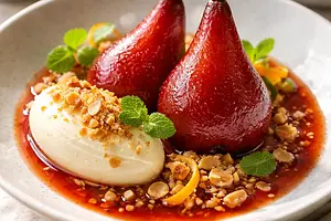 Candied Pears in Clementine-Wine Reduction with White Chocolate Mousse and Almond Crumble