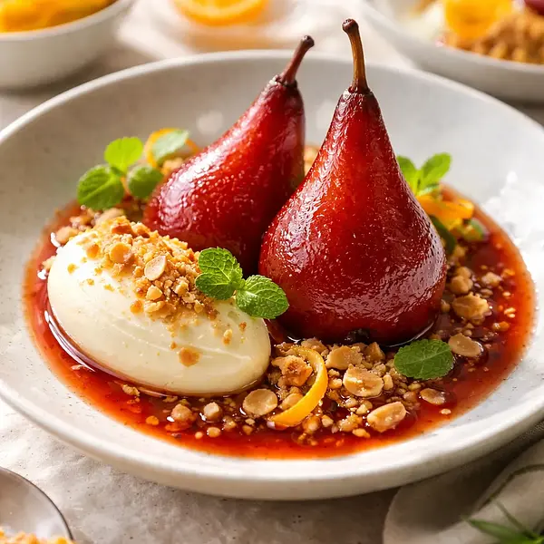 Gruszki konfitowane w redukcji klementynkowo-winnej z musem białej czekolady i migdałowym crumble (wariant 3fc7fa80)