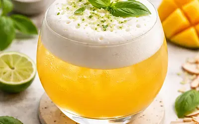Yuzu-Mango Fusion Cocktail with Matcha and Coconut-Basil Foam