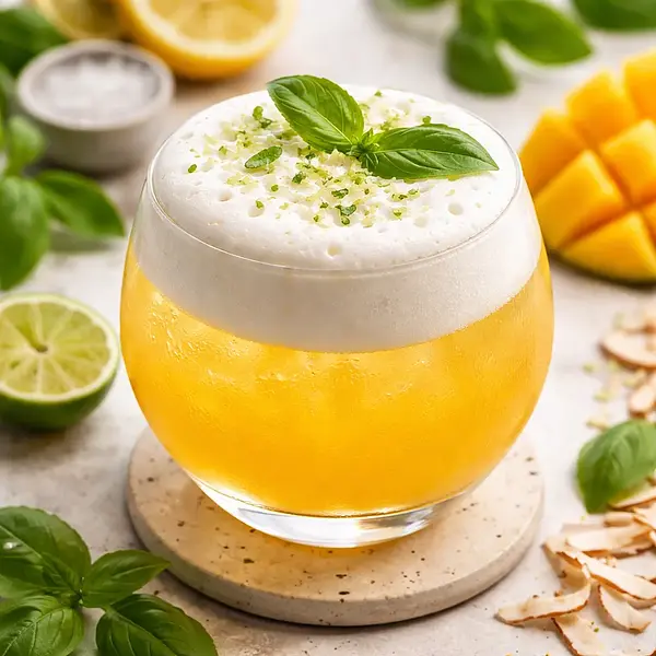 Fusion Koktajl Yuzu–Mango z Matchą i Pianą Kokosowo‑Bazyliową