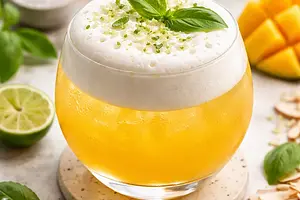 Yuzu-Mango Fusion Cocktail with Matcha and Coconut-Basil Foam