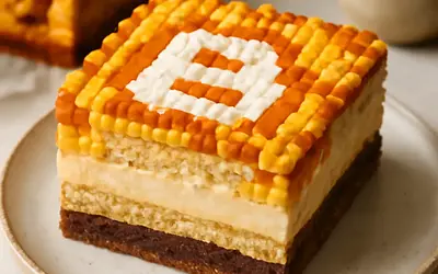 Blogger's Cake: Pixel Sponge with Vanilla-Caramel Cream and Crispy Chocolate Layer