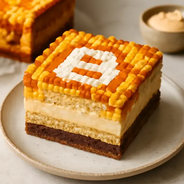 Blogger's Cake: Pixel Sponge with Vanilla-Caramel Cream and Crispy Chocolate Layer