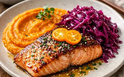 Miso-kumquat glazed salmon with sweet potato puree and pickled red cabbage (variant f4cc9aed)