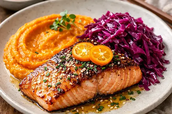 Łosoś w glazurze miso-kumkwat z puree z batata i piklowaną czerwoną kapustą (wariant f4cc9aed)