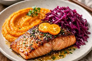 Łosoś w glazurze miso-kumkwat z puree z batata i piklowaną czerwoną kapustą (wariant f4cc9aed)