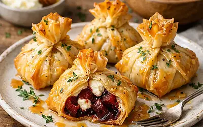 Seasonal filo pockets with roasted beetroot, goat cheese, and miso-honey glaze (fusion)