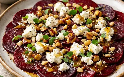Carpaccio z surowych buraków z kozim serem, miodowo-musztardowym dressingiem i orzechami
