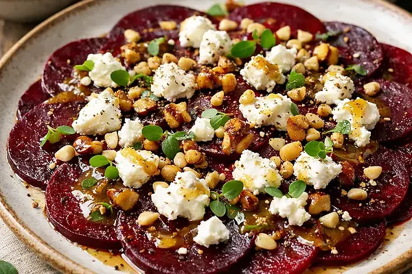 Carpaccio z surowych buraków z kozim serem, miodowo-musztardowym dressingiem i orzechami