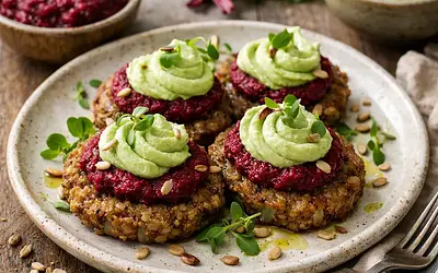 Zero-waste buckwheat patties with roasted beetroot, beet leaf pesto, and sauerkraut cream