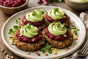 Zero-waste buckwheat patties with roasted beetroot, beet leaf pesto, and sauerkraut cream