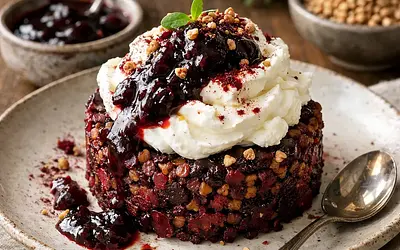 Winter buckwheat-beet dessert with cottage cheese cream and plum jam