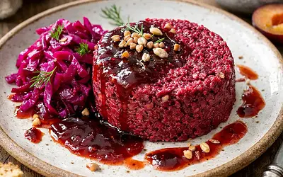 Zero-waste baked buckwheat-beet pâté with sauerkraut and plum-apple glaze