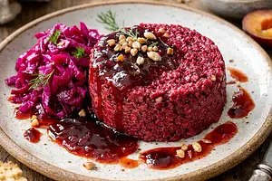 Zero-waste baked buckwheat-beet pâté with sauerkraut and plum-apple glaze