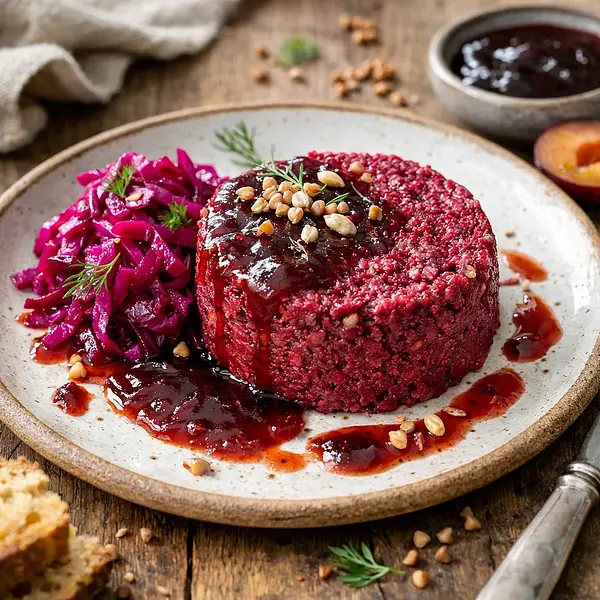 Zero-waste pieczony pasztet gryczano-buraczany z kiszoną kapustą i śliwkowo-jabłkową glazurą