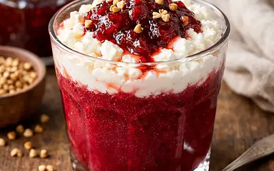Warming buckwheat-beet drink with cottage cheese-buttermilk cream and plum-apple jam