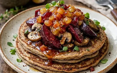 Buckwheat pancakes with roasted beetroot, sautéed mushrooms, and apple-plum chutney