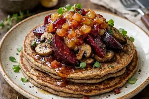 Buckwheat pancakes with roasted beetroot, sautéed mushrooms, and apple-plum chutney