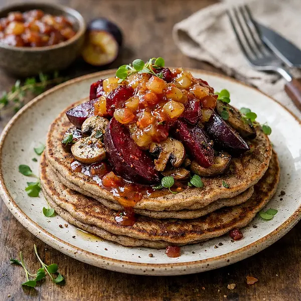 Gryczane placki z pieczonym burakiem, duszonymi grzybami i jabłkowo-śliwkowym chutney