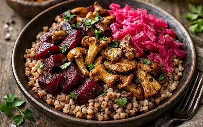 Rustic Warm Salad: Buckwheat Salad with Roasted Beets, Sauerkraut, and Forest Mushrooms with Cottage Cheese and Caramelized Apple (variant 1e2ca82b)