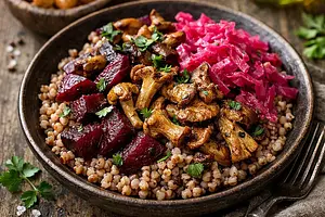 Rustic Warm Salad: Buckwheat Salad with Roasted Beets, Sauerkraut, and Forest Mushrooms with Cottage Cheese and Caramelized Apple (variant 1e2ca82b)