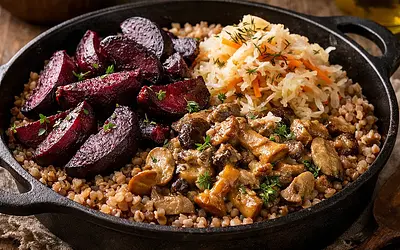 Wiejska zapiekanka kaszowa z pieczonymi burakami, kapustą kiszoną i leśnym ragù