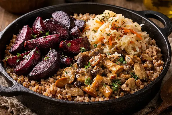 Wiejska zapiekanka kaszowa z pieczonymi burakami, kapustą kiszoną i leśnym ragù