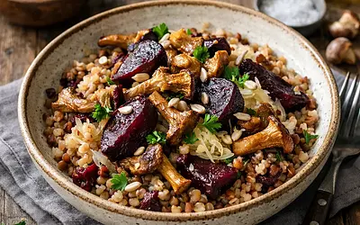 Winter buckwheat salad with roasted beets, sauerkraut, and forest mushrooms