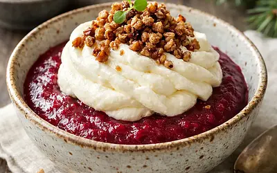 Winter dessert: Roasted beet pudding with cottage cheese mousse, roasted buckwheat crumble, and plum jam