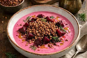 Warm Buttermilk Beetroot Soup with Roasted Buckwheat