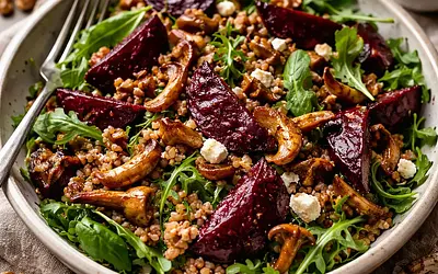 Winter salad with buckwheat, roasted beets, and forest mushrooms