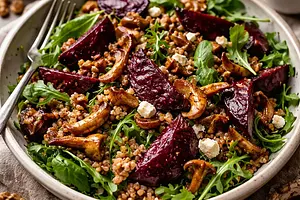 Winter salad with buckwheat, roasted beets, and forest mushrooms